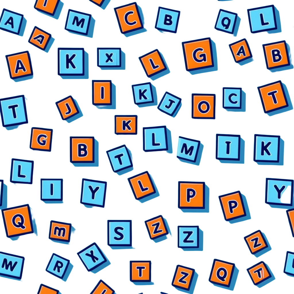scattered pastel blue wooden alphabet blocks with letters emoji
