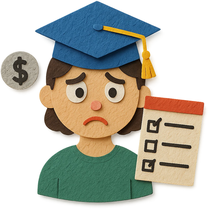 A student with a tiny budget and a giant to-do list, in a playful layout emoji