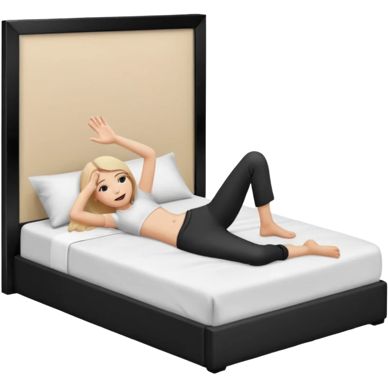 A bed with a girl laying down south and a man putting his hand up. emoji