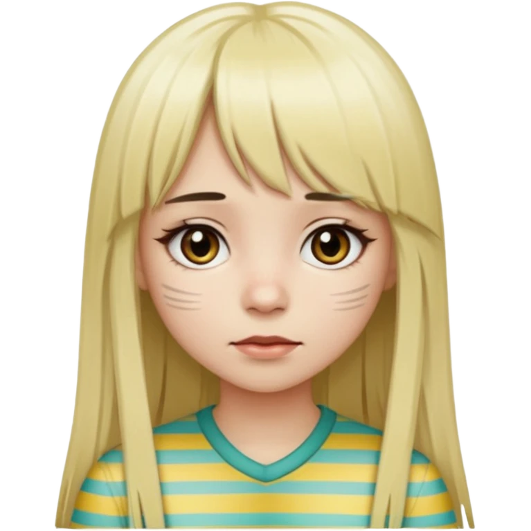 Girl with long straight dark brown hair and blonde striped streaks, with bangs. Light skin and dark eyes. Turn her into a cute zombie version — pale greenish skin, dark eyes, small wounds under eyes, keep her hair and mechas the same, emoji-style. emoji