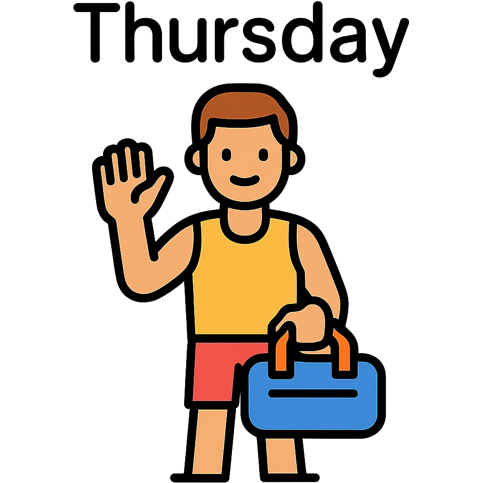 a sportsman holding his gymbag waving his hand goodbye. The word Thursday is above the sportsman emoji