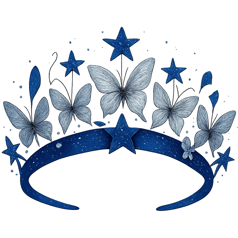 butterfly crown in sapphire blue with silver butterflies and star accents, celestial and bold emoji
