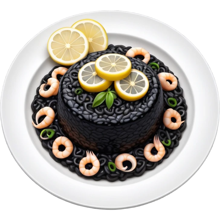 cinematic-realistic-black-risotto-dish,-showcasing-small squid pieces-rendered-with-bold-textures-and-dynamic,-dramatic-lighting in a white plate with a grilled lemon on top emoji