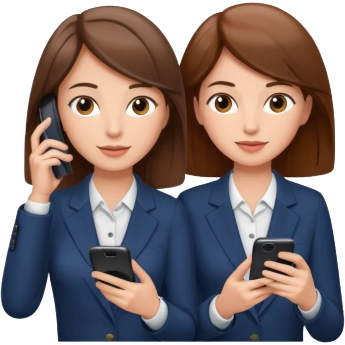 two brown haired girls, looking professional maybe leaned back on back and looking forward and using phones emoji