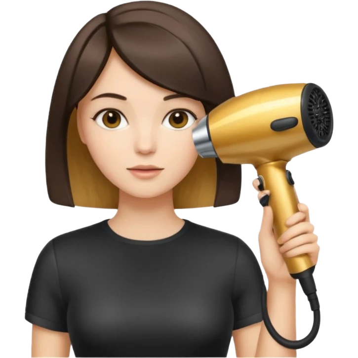 brunette bob girl hair stylist holding a golden hair dryer emoji