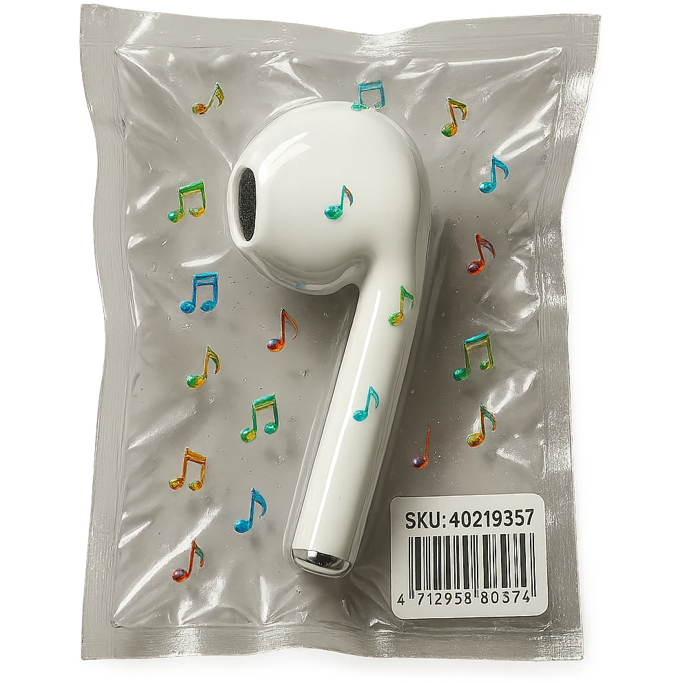 single white EarPod with scattered tiny rainbow glass music notes, glossy emoji