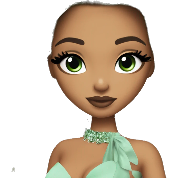 Bratz, club, cocktail dress, black balayage hair, half up half down hair, olive skin, green almond winged eyeliner with big lashes emoji