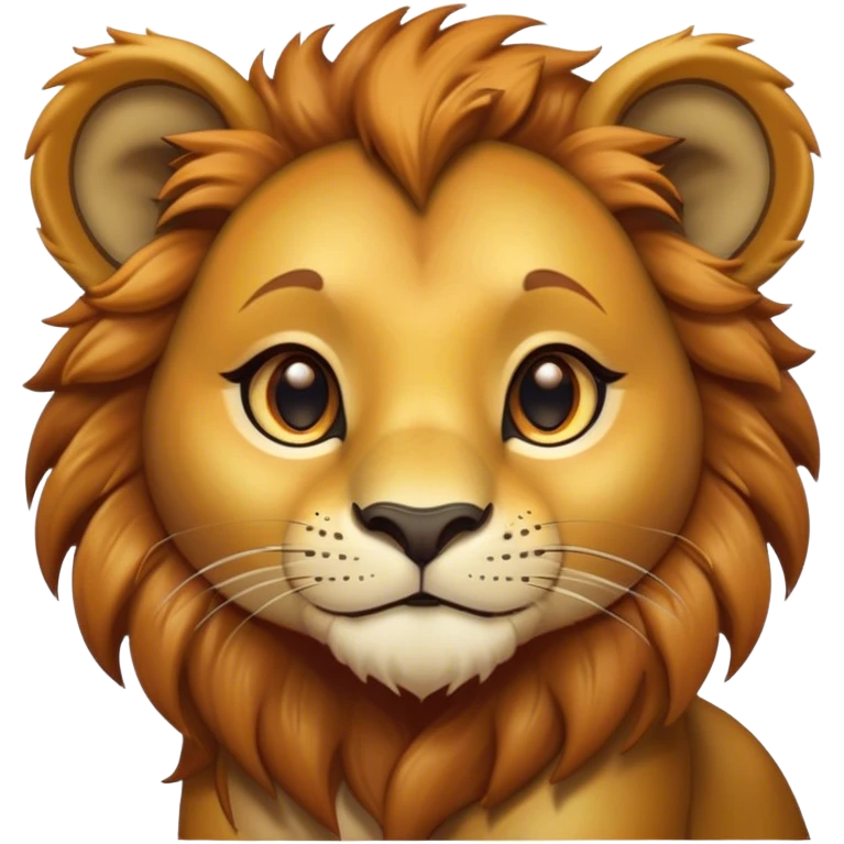 Cinematic Cute Lion Cub Portrait Emoji, Head tilted playfully and inquisitively, featuring a glossy tawny Fur with a lush mane and round, sparkling amber eyes filled with curious mischief, Simplified yet irresistibly adorable features, highly detailed, glowing with a warm, friendly glow, high shine, affectionate and spirited, stylized with a touch of jungle whimsy, bright and endearing, soft glowing outline, capturing the essence of a mischievous yet loving Lion Cub, so playful it feels like it could pounce out of the screen and into your arms! emoji