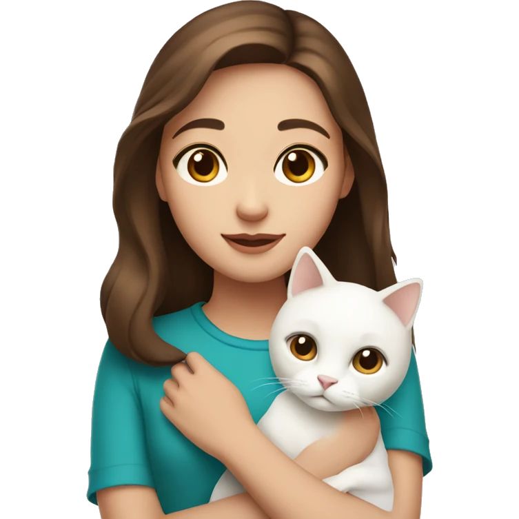 Girl with brown eyes and brown hair holding a white cat  emoji