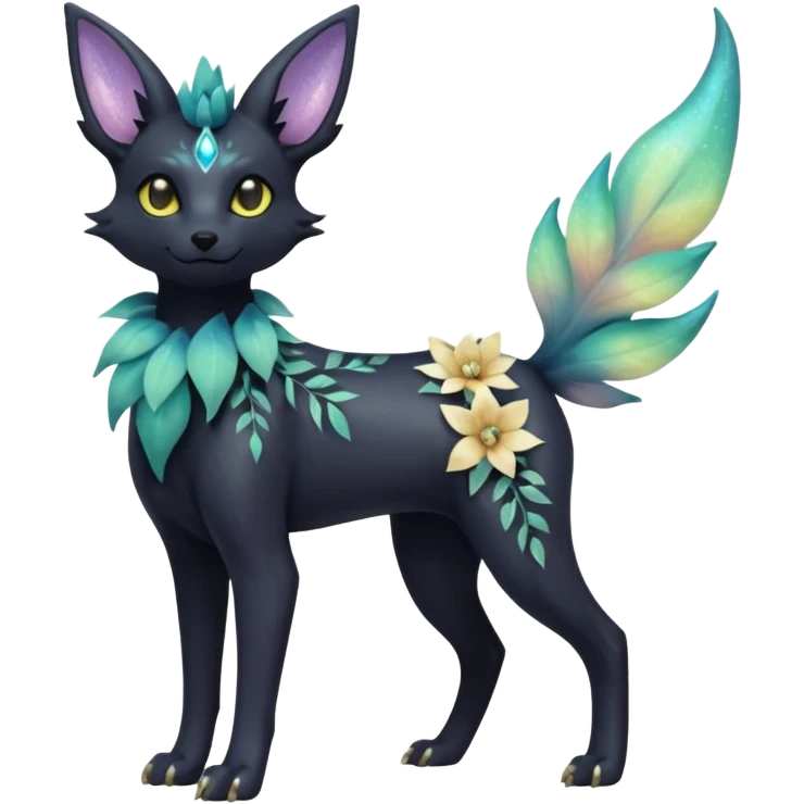 Multicolored sparkly pastel dark iridescent light pale gloomy spooky realistic pretty cool elegant realistic floral exotic Trico-Bolthund-Electrike-Luxray-Umbreon-Leafeon-hybrid, full body emoji