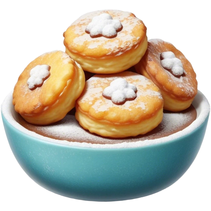Buñuelo Cinematic Realistic Buñuelo Dessert Emoji, depicted as perfectly round, fluffy fritters served in a small bowl with a dusting of powdered sugar, rendered with vibrant textures and warm, inviting lighting. emoji