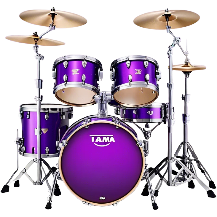 "Create a vibrant and detailed emoji representing Lars Ulrich's Tama Starclassic drum kit. The design should feature a sleek, glossy purple drum kit with glittering accents, including two large bass drums positioned side by side. The snare drum, toms, and cymbals should be clearly visible, with a high-shine finish that reflects the light. Add subtle musical notes around the kit to evoke rhythm and energy. Use a color palette of deep purple, black, silver, and sparkling accents to emphasize the unique look of this iconic setup. The background should be transparent. emoji