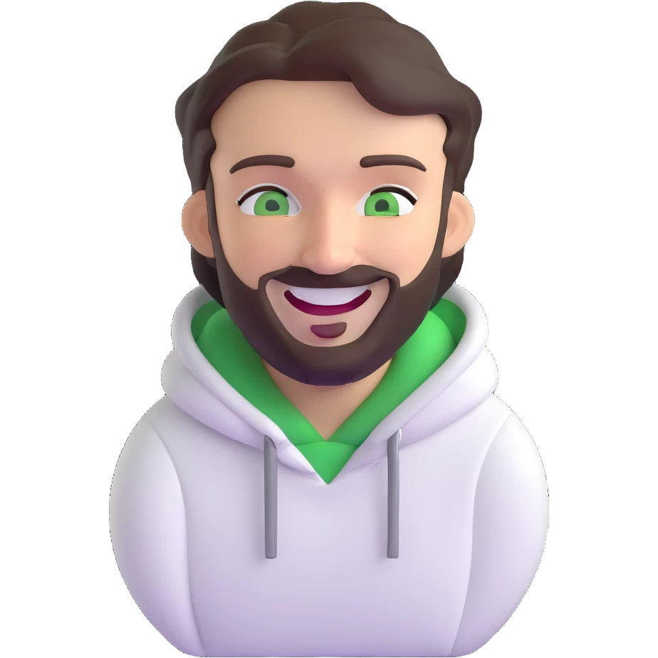 laughing guy with white hoodie, green eyes, dark brown hair and a short full beard emoji