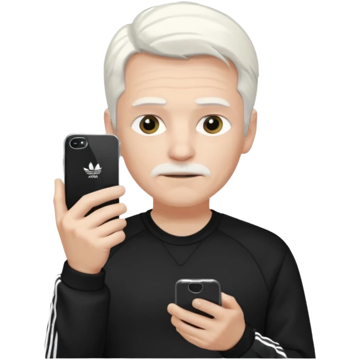 Hombre blanco con cabello blanco ropa negra Adidas y un teléfono en la mano derecha viéndolo emoji