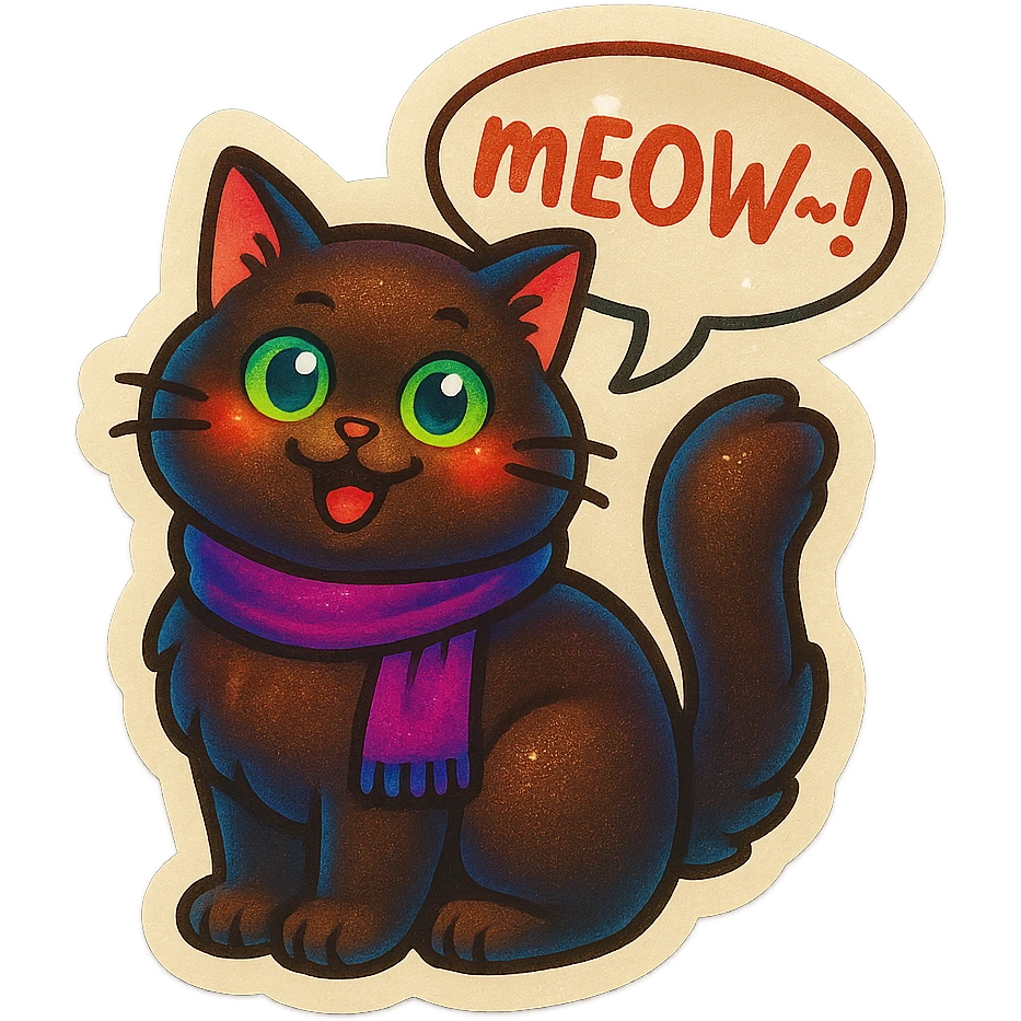 Fluffy cute silly smiling happy dark-brown cat with green eyes and a purple scarf saying ‘mEoW~!’ (With a speech bubble) emoji