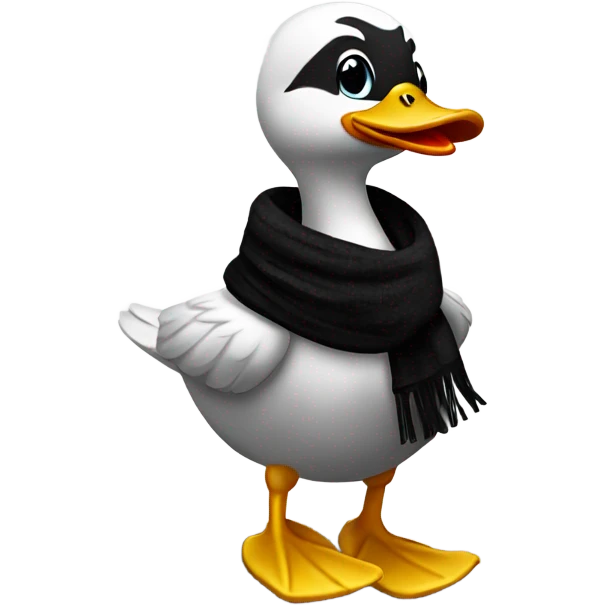 Happy duck that crossed the road and is black. Wearing a scarf emoji