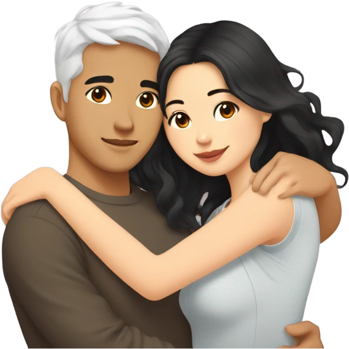 A half pale Asian man with short dark hair and amber eyes embracing and loving a half Asian woman with long wavy dark hair and dark hazel eyes. They love each other a lot And have good fashion taste and are hugging each other tight  emoji