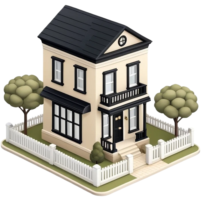 Isometric exterior little black, beige, and white townhouse, dollhouse style 3D realistic  emoji