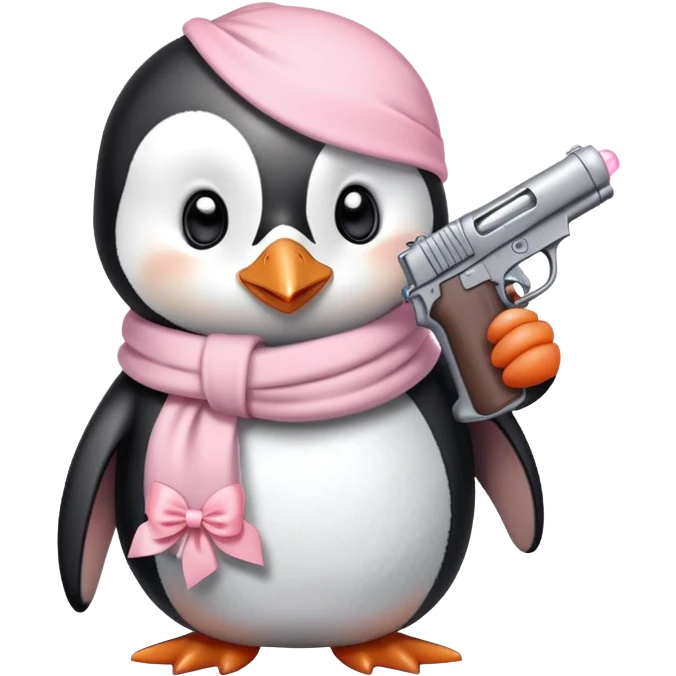 cute penguin wearing light pink bow scarf not on head and holding light pink gun  emoji