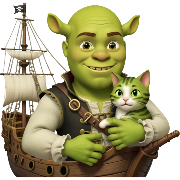 shrek holding a cat with look of love while on a pirate ship waging war emoji