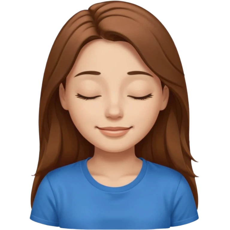 female face smiling with closed eyes with long brown hair and brown eyes in a blue t-shirt emoji