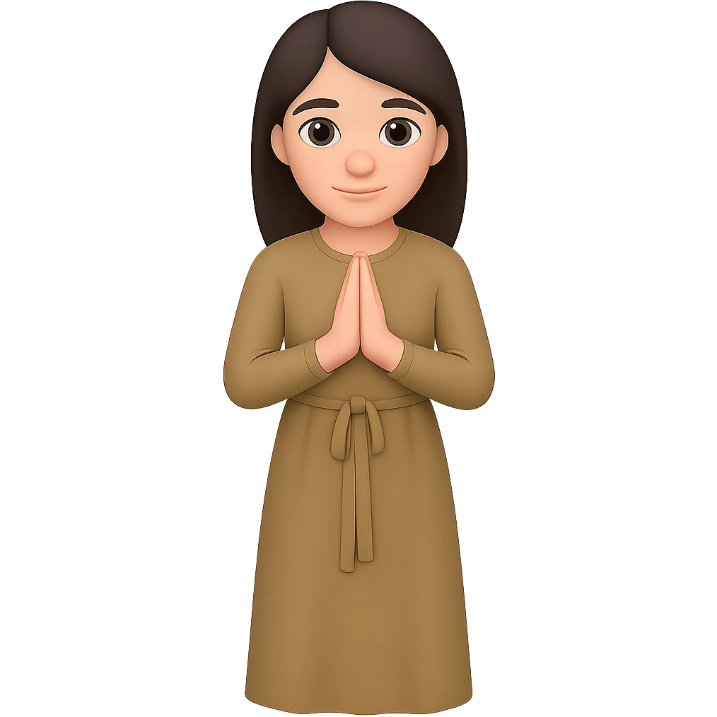 Create a fourth variation of a woman standing and praying from the front view, wearing a long tan dress, with dark brown hair, in the style of emoji. Remove the background. emoji