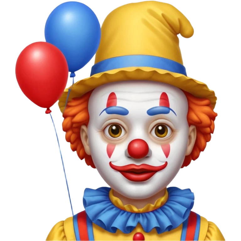 A clown who has a yellow hat, yellow clothes, blue neck ruffle, and a red balloon as his lips; emoji