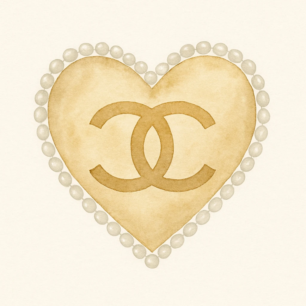 Chanel heart with interlocking C's, metallic gold, pearl border, elegant, watercolor art style emoji