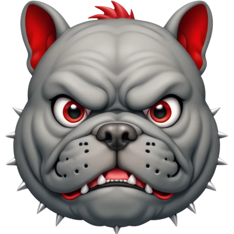 Create a fierce bulldog head emoji facing forward.
Strong jaw, deep wrinkles, and an intense scowl.
slight underbite with two visible fangs.
Dark gray fur with bold highlights and shading for depth.
Add a thick spiked collar (red or black) with shiny metallic spikes.
 emoji