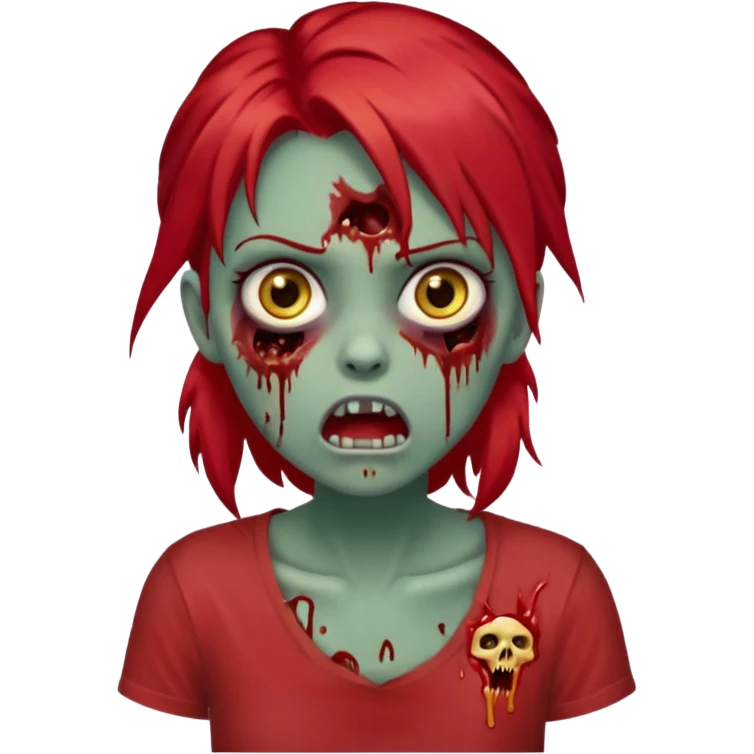 Apple-style emoji of a zombie girl. Greenish-gray skin, big golden eyes, scared expression with open mouth. Bloody wound on the left cheek and blood dripping from the mouth. Long, straight, bright red hair parted in the middle. Wearing a plain gray t-shirt. White background. emoji