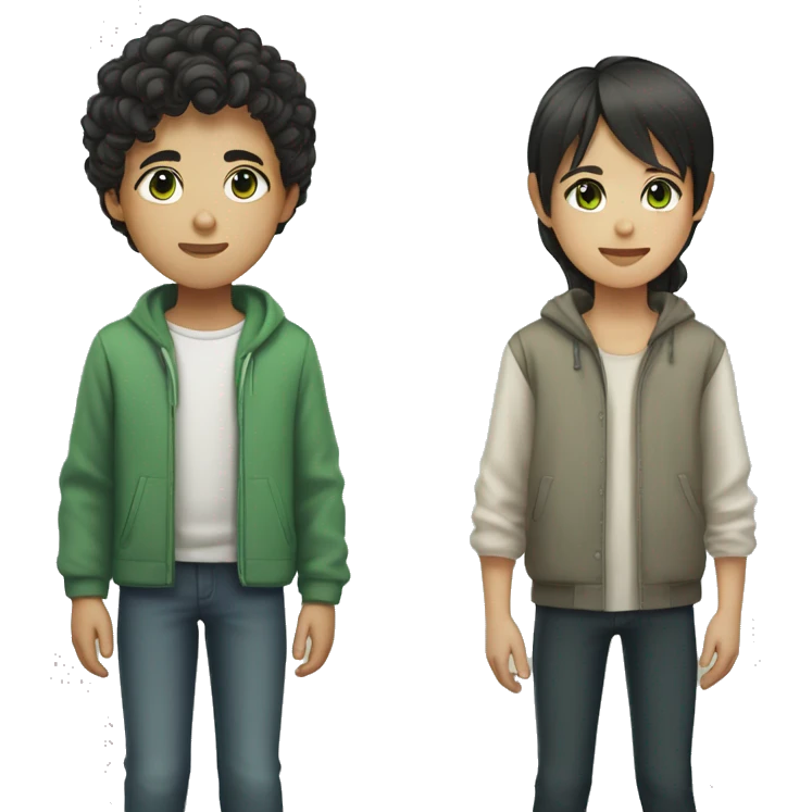 asian boy with short curly hair and brown eyes holding hand of girl with green eyes and dark long straight hair emoji