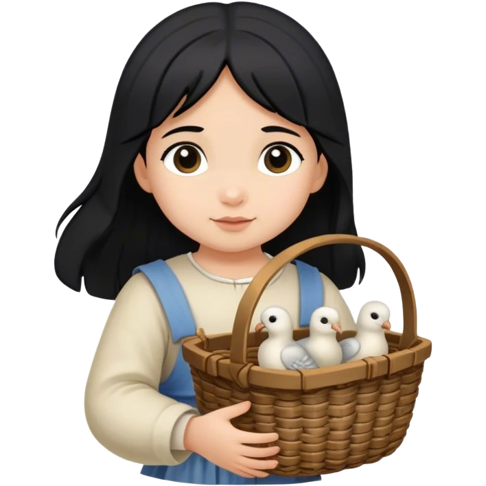 toddler girl with black hair carrying wicker basket with turtledoves, medieval age emoji