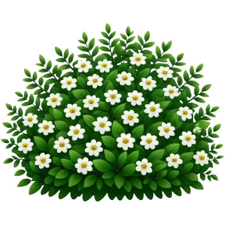 A dense bush with dark leaves and a curved organic shape with small white flower emoji