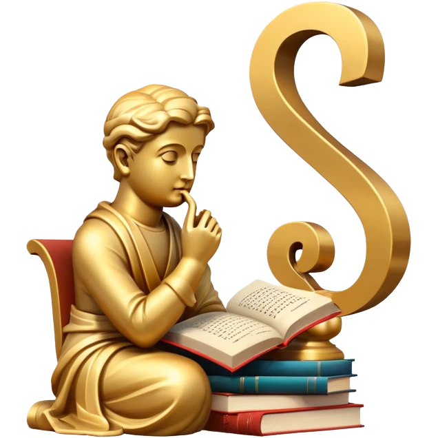 An icon featuring a Thinker statue, a scroll, and a question mark, symbolizing philosophy. The design includes books and abstract symbols representing deep thought and wisdom. Transparent background highlights the study of ideas, logic, and existential questions emoji