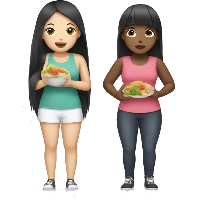 Big back Asian girl and black girl eating emoji