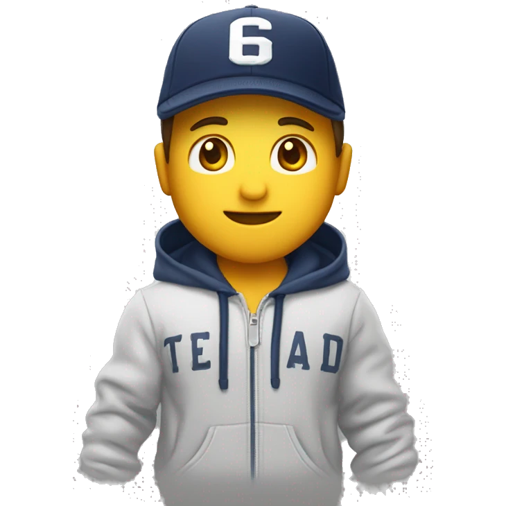 Chico blanco con gorra y con sudadera estampada con el text “gap” emoji
