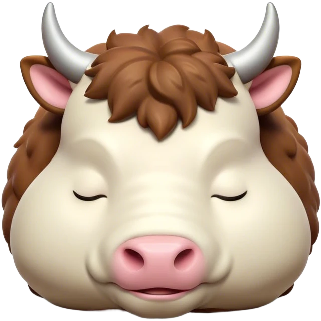 Meme-Worthy Cute Sleeping Domestic Ox Portrait Emoji, Head resting peacefully with a contented smile, showcasing a massive, sturdy build and a luxuriously soft hide, eyes gently closed in serene, restful slumber, Simplified yet hilariously adorable features, highly detailed, glowing with a soft, drowsy natural light, high shine, relaxed and utterly lovable, stylized with an air of playful laziness, soft glowing outline, capturing the essence of a sleeping ox that feels destined to become the next viral sensation of adorable rest! emoji