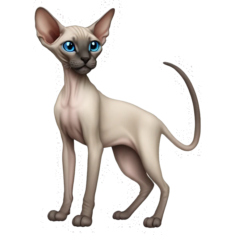 Siamese Sphynx Peterbald  cat with blue eyes, full thin body stand, black nose ears and tail emoji