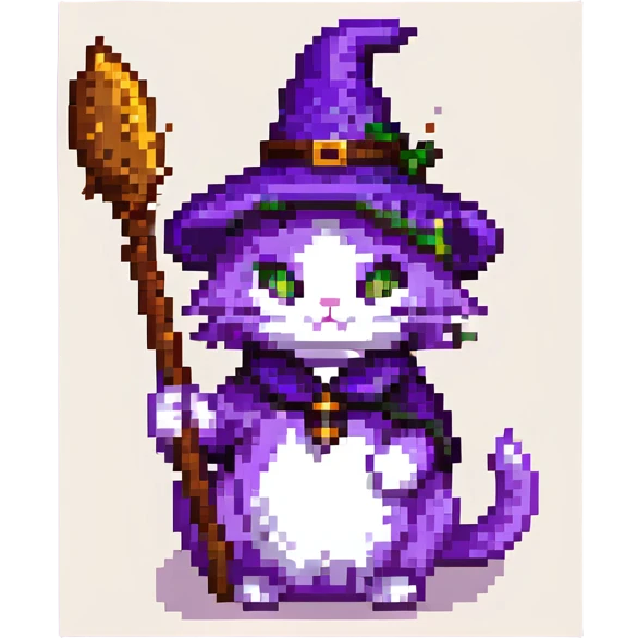 cute pixel art cat with purple fur and a witch's broom emoji