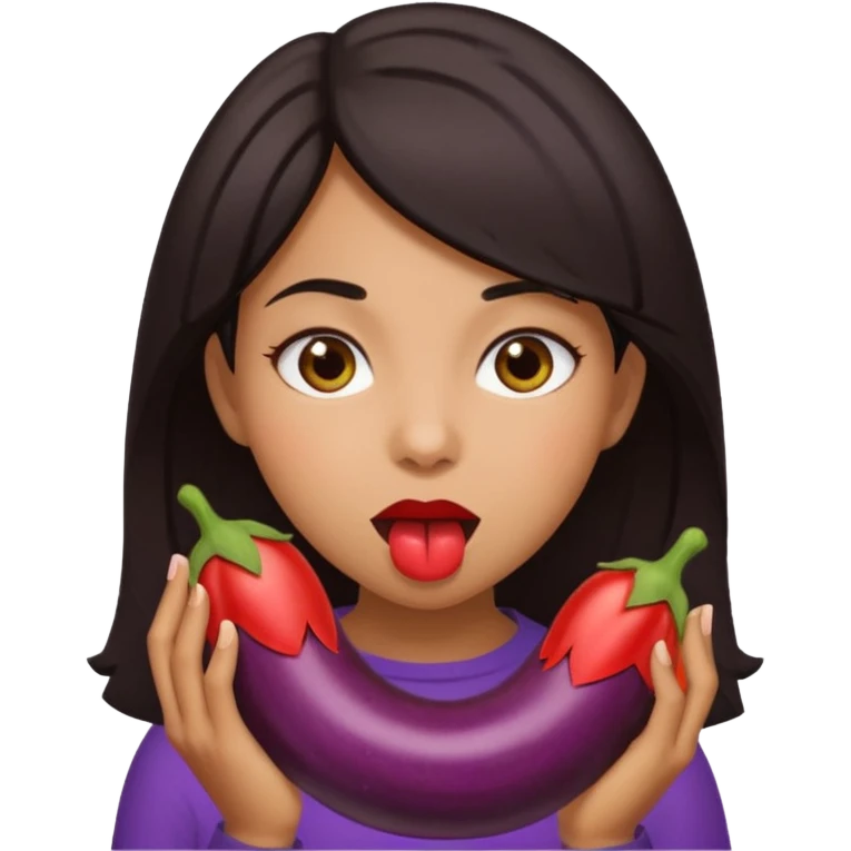 Dark hair girl with eggplant in her mouth emoji