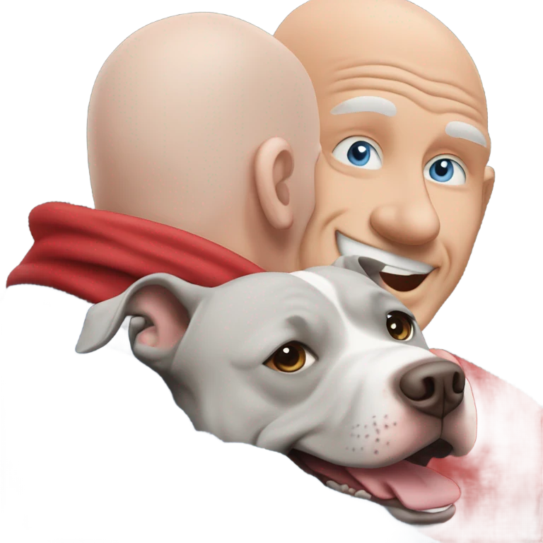large gray male pit bull smiling and hugging bald white mature man no beard blue eyes with red tshirt emoji