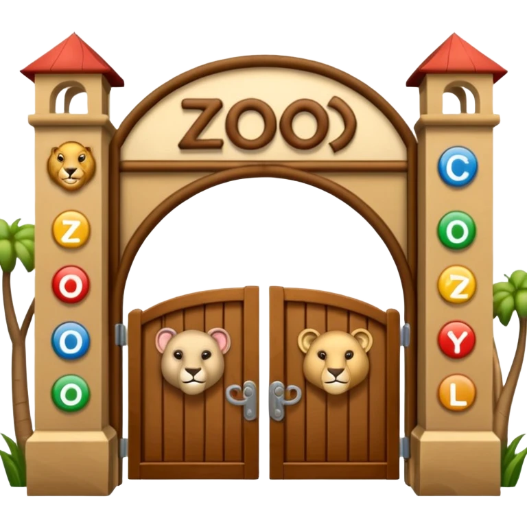 wooden zoo entrance gate with the word 'zoo' on top, open gates, cartoonish emoji-style animals including elephant, lion, kangaroo, and monkey standing near the entrance, classic emoji style, no background emoji