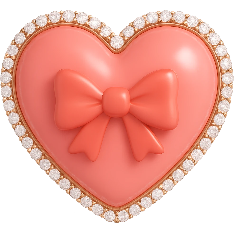 Move the bow to the middle of the tiny red heart, keep pastel red enamel, sparkling gems, and soft glowing effect. The style should resemble 3D emoji style with a soft glowing effect. Remove the background. emoji