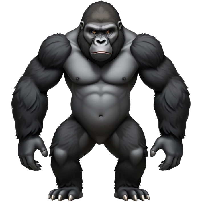 cinematic-gorilla-realistic-full-body-standing on all fours-emoji,-broad-and-powerful-frame-poised-with-confidence,-massive-arms-hanging-slightly-forward,-head-tilted-thoughtfully,-thick-black-fur,-deep-dark-eyes-full-of-intelligence,-simplified-yet-realistic emoji