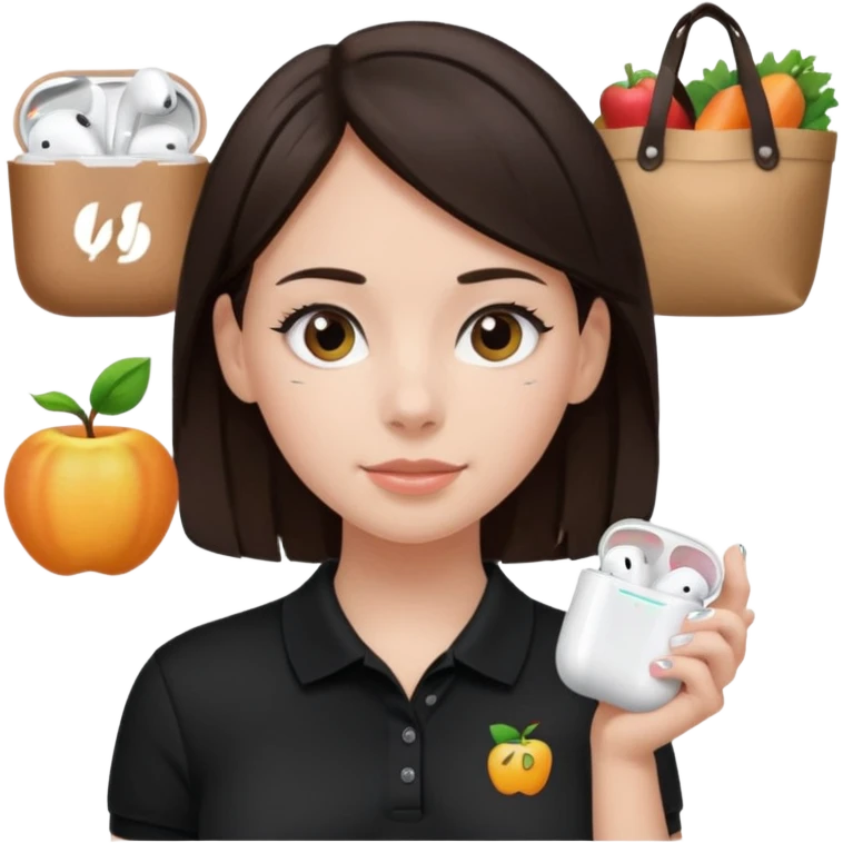 Girl with dark brown hair with airpods wearing a black wegmans grocery store polo emoji