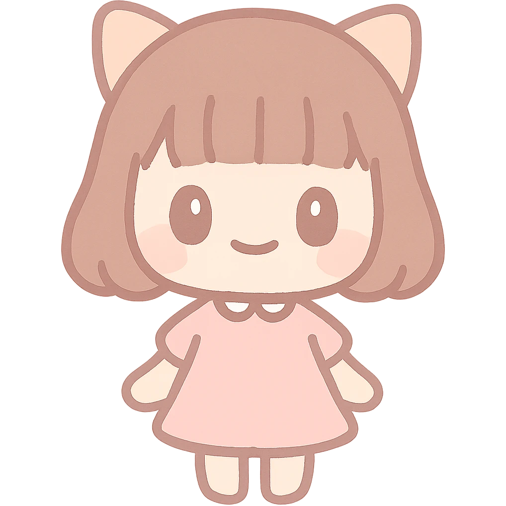 asian girl with cat ears, brown hair with blunt bangs, pink dress, very busty, cute and appealing style emoji