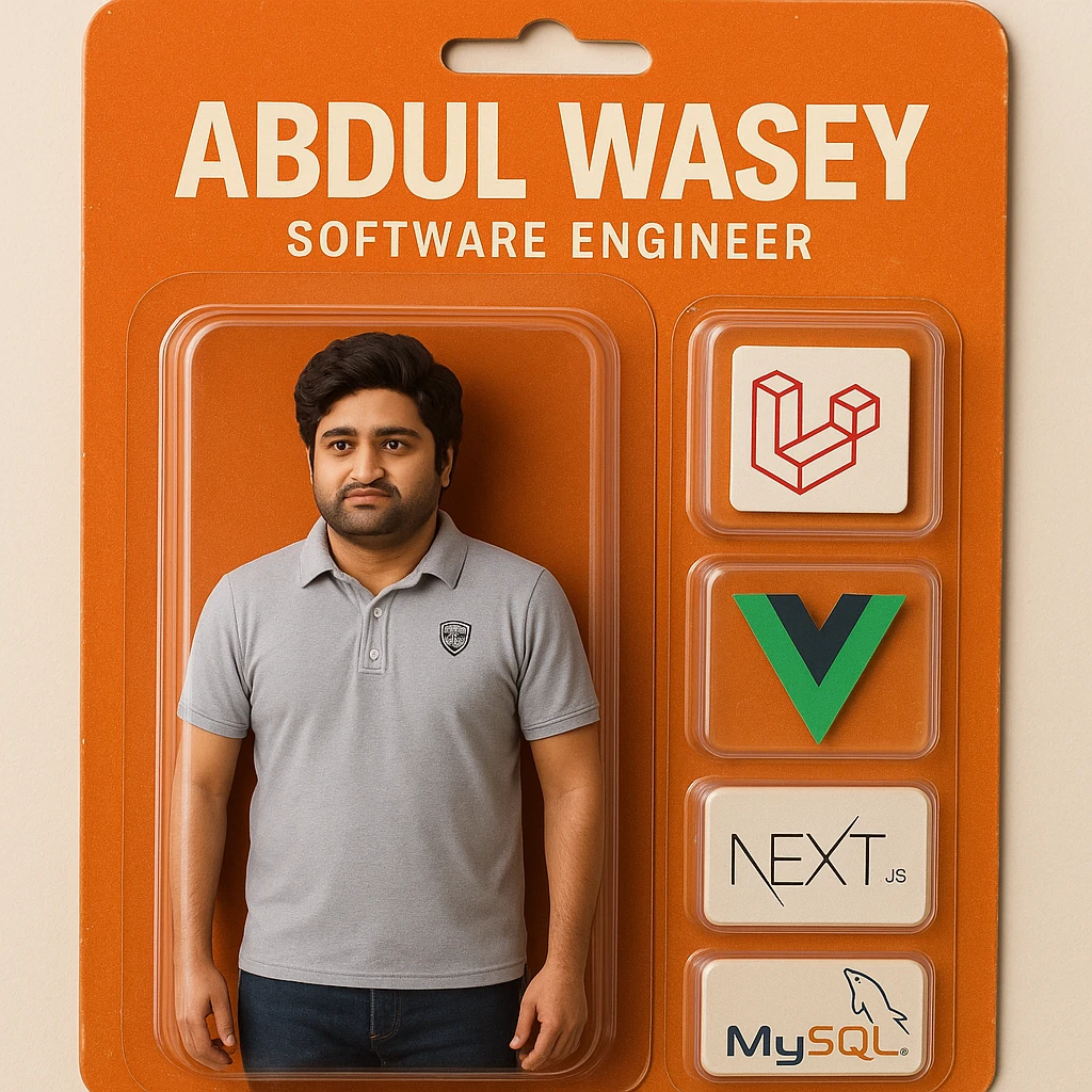 Create a realistic action figure toy of the person in the photo, packaged in a strong orange carded blister box. The card should have 'Abdul Wasey' at the top and 'Software Engineer' underneath. Next to the figure, include four separate equipment items, each in its own individual blister: 1) a Laravel logo, 2) a Vue logo, 3) a Next.js logo, 4) a MySQL logo. Do not repeat any equipment. All items must be inside their own blisters, visualized in a realistic way. The style should be photorealistic and realistic packaging visualization. emoji
