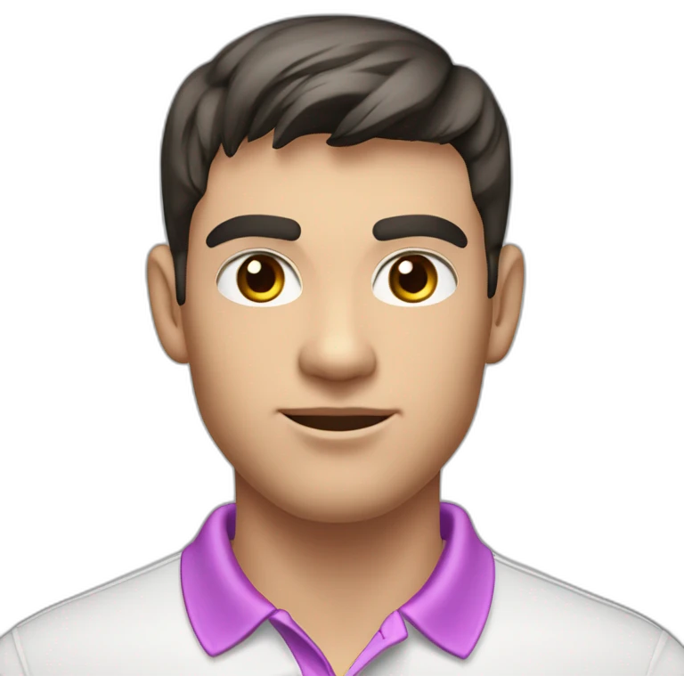 young handsome man with straight short dark hair and dark eyes with large eyelashes and plump pink lips protruding cheekbones in a sports polo shirt emoji