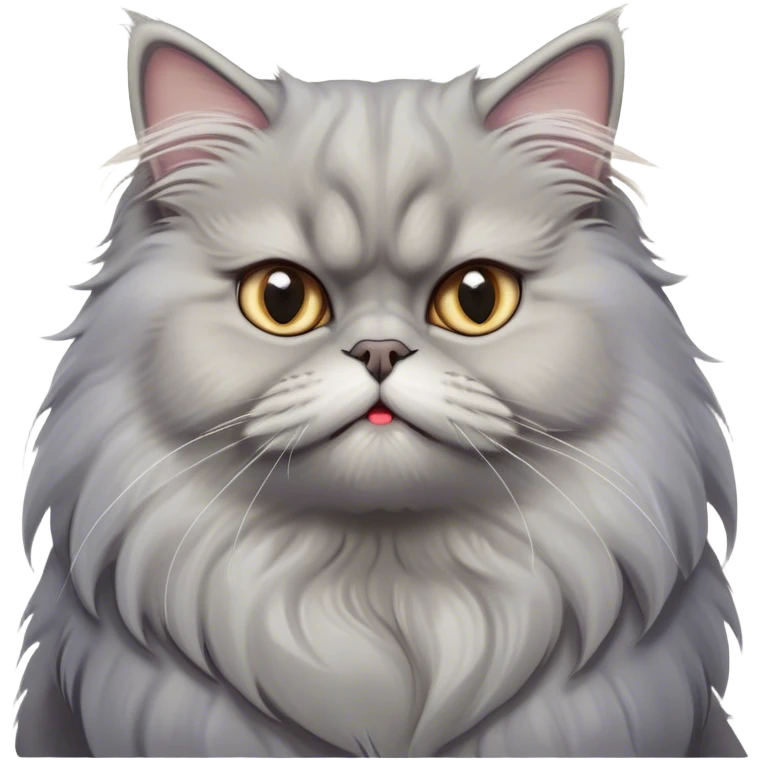 Cinematic Derpy grumpGrey Persian Cat Portrait Emoji, Head tilted playfully with an adorably awkward expression, fluffy grey fur with soft silver undertones, Simplified yet hilariously derpy features, highly detailed, glowing with a warm but slightly confused glow, high shine, a mix of lazy and clueless, stylized with a touch of whimsy, bright but with a completely derpy and grumpy face, soft glowing outline, capturing the essence of a quirky yet chubby, grumpy kitty, so endearing it feels like it could stretch out of the screen and demand attention with its wonderfully derpy charm!y com emoji