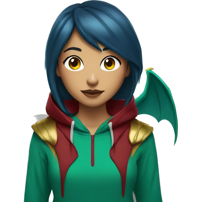 Lady with brunette and blue hair, gold, green dragon wings, maroon hoodie, black and gold Nike t shirt, and bright red eyes emoji